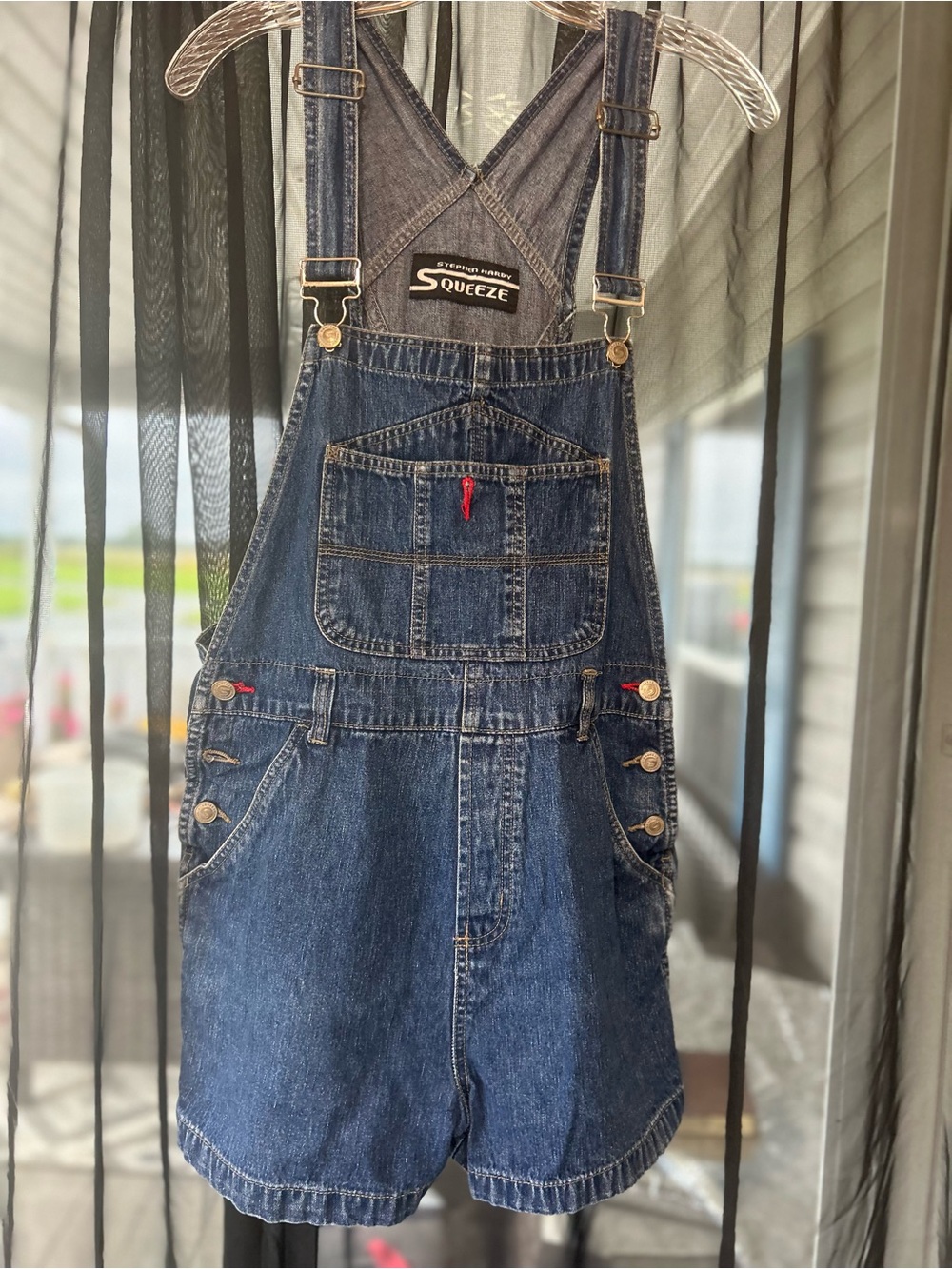 Squeeze Dark Blue Denim Short Overalls with Red Accent